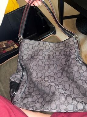 Coach Gray Signature Canvas Hobo with Black Trim and Burgundy Handles
